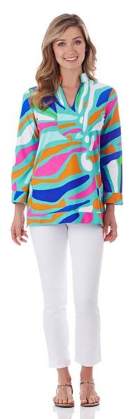 Jude Connally Abstract Ocean Aqua Chris Long Sleeve Tunic Top women's Medium